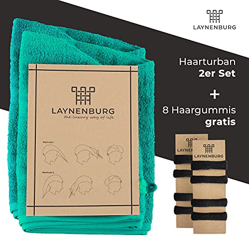 LAYNENBURG 2er-Set Premium Haarturban mit Knopf aus 100% Baumwolle - Haarhandtuch inkl. 8 Haargummis - für Kurze und Lange Haare – Turban Handtuch ist schnelltrocknend und saugstark (türkis)