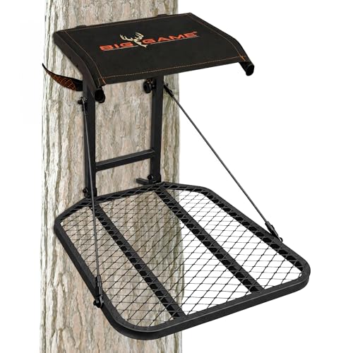 Big Game Captain Hang-On Treestand, Lightweight Steel Construction & Flip-Back 14' x 12' Flex-Tek Seat, 300 lbs Weight Rating, & Foot Platform