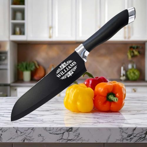 Image of Personalized 6.5-Inch Santoku Black Knife - Ultra-Light Chef Gadget, Cooking Knife, Razor Sharp Stainless Steel, Custom Engraved Kitchen Knife with Blade Cover & Gift Box (Black Santoku)