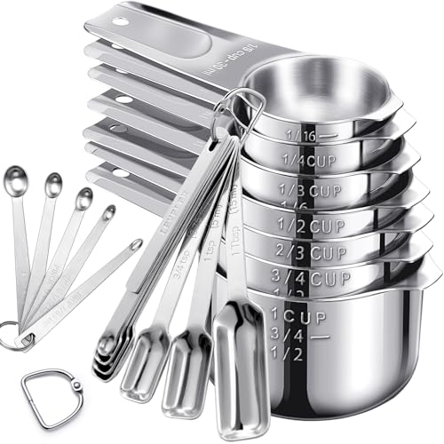AMOHEE 20Pcs Measuring Cups and Spoons Set, Includes 7pcs Stainless Steel Measuring Cups, 12 Measuring Spoons with Leveler for Cooking & Baking, Dishwasher Safe