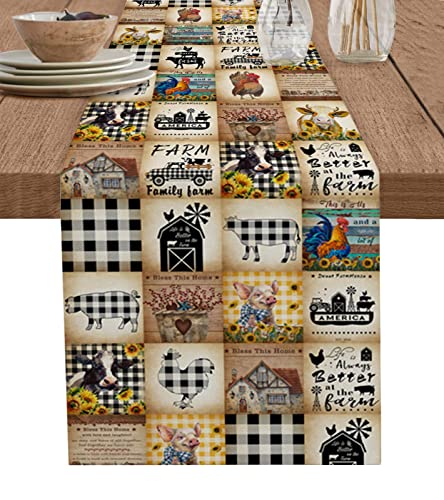 Cotton Linen Table Runner Pig Rooster Cow Farm Black White Buffalo Plaid Table Runners For Dinning Table Farmhouse Dresser Scarves Holiday Kitchen Decoration-13X70 Inch #TOP22