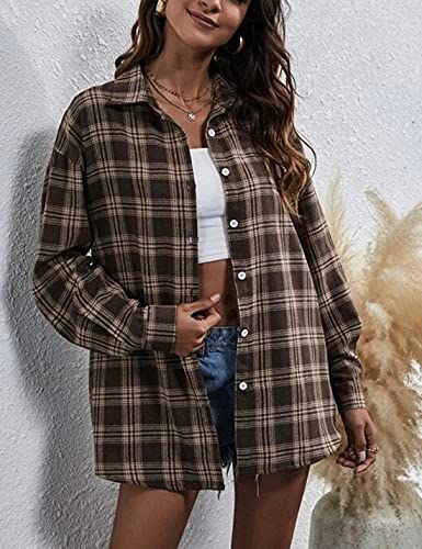 HangNiFang Womens Flannel Plaid Shirts Oversized Button Down Shirts Blouse Tops2