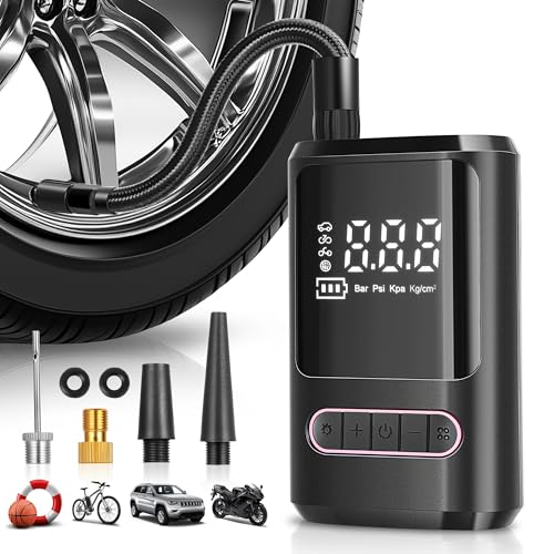 Auto Dynasty Digital Tire Inflator Portable Air Compressor, Cordless Air Pump with Pressure Gauge for Car Tire, 150 PSI Power Electric Bike Pump with LED Light for Motorcycle, Bicycle, Ball (Pink)