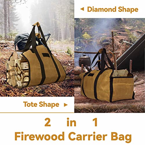 Cupohus Extra Large 2in1 Firewood Carrier Waxed Canvas Bag 44”x23”, Heavy Duty Log Holder Tote Bag with Handles and Shoulder Strap for Indoor Fireplace Wood Stove Accessories, Outdoor Camping (Khaki) - Thumbnail 4