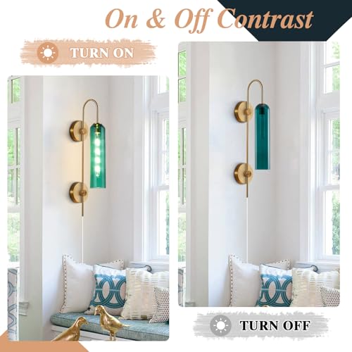 Image of BOKT Modern Gold Plug in Wall Sconce Green Glass Bedside Wall Light Fixtures Plug in Cord Mid Century Long Metal Wall Sconce Single Bathroom Bar Wall Lamp (Green)