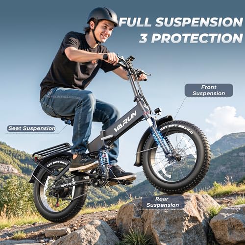 Image of VARUN Electric Bike - 1000W Peak Motor, 25MPH, 60+ Miles, 20 inch * 4.0 inch Fat Tire Foldable Ebike with 48V 13 Ah Battery Lightweight Aluminum Frame E-Bike for Adults with Front Suspension /Full Suspension