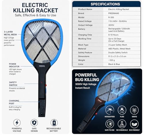 Image of Ephemeral New Mosquito Racquet, Electric Rechargeable Insect Killer Bat, Shock Proof Racket, 7Days Replacement Warranty (Random Design As Available,)