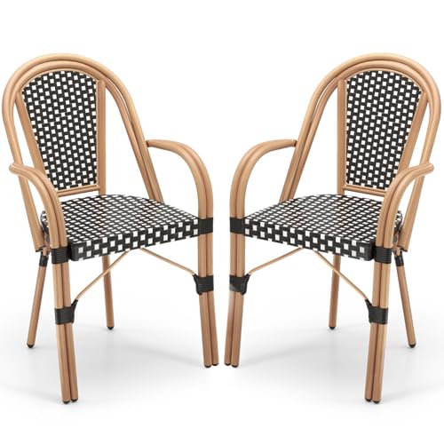 Tangkula Outdoor French Bistro Chairs Set of 2, Hand-Woven PE Wicker Patio Chairs with Armrests, Outdoor Dining Armchairs with Galvanized Metal Frame for Porch, Garden (1,Black)