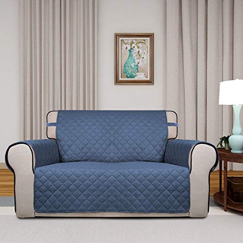 Image of PureFit Reversible Quilted Sofa Cover, Water Resistant Slipcover Furniture Protector, Washable Couch Cover with Non Slip and Elastic Straps for Kids, Dogs, Pets (Loveseat, Dark Blue /Light Blue)