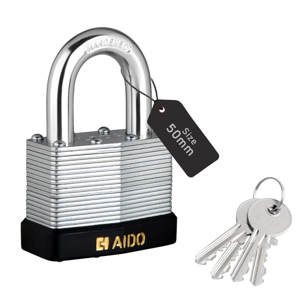 AIDO 50mm Laminated Steel Padlock | Hardened Steel Shackle | 2 Year Brand Warranty | Double Bolt Locking | Heavy Duty Padlock with 4 Keys for Shutters, Shops, Trunks, Doors, Transportation