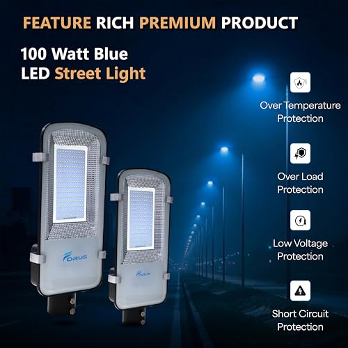 Image of Forus 100W LED Street Light with Clamp, IP66 Waterproof Outdoor LED Street Light, High Lumen 12000lm Blue, Aluminium Body for Road, Parking Lot, Garden & Industrial Outdoor Lighting (1 Pc)