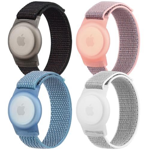 4 Pack Nylon Air Tag Bracelet for Kids Soft Nylon Air Tag Wristband for Apple Air Tag Adjustable Anti Lost Wristband for Toddler Baby Boys and Girls Elders (Black/Pink Sand/Blue/Grey)