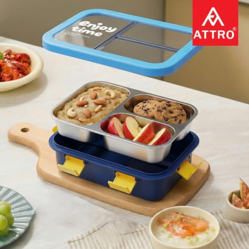 Image of ATTRO JoyBox Steel Lunch Box, 3 Compartment, Stainless Steel Inner Tray, Leakproof Airtight Lid, 4-Side Locks, BPA-Free Food Grade Lunch Box for Kids, School & Office - Blue-750ml