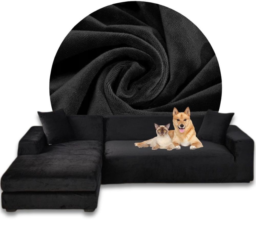 Housse de canapé en velours extensible noir pour grand canapé d'angle en L