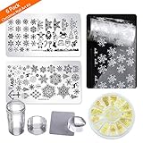 AIFAIFA Nail Art Stamping Plates, Christmas Nail Design Kits, 2 Nail Stamping Plates, 1 Stamper, 1 Gold Nail Decals Stickers, 1 Snowflake Image Tips, DIY Manicure Tools