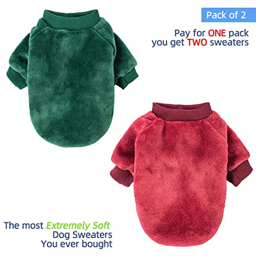 Image of FabriCastle Christmas Dog Sweater, 2-Pack Dog Clothes, Soft and Warm Pet Jackets for Small Dogs & Cats, Winter Pet Apparel Costumes, Puppy Outfits (Dark red,Dark Green, Medium)