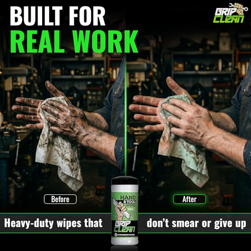Image of Grip Clean Heavy Duty Hand & Tool Cleaning Wipes - Waterless Hand Cleaner for Mechanics, Garage & Shop Use - Dual-Sided Grease, Oil & Paint Remover Wipes with Citrus Scent - 30ct