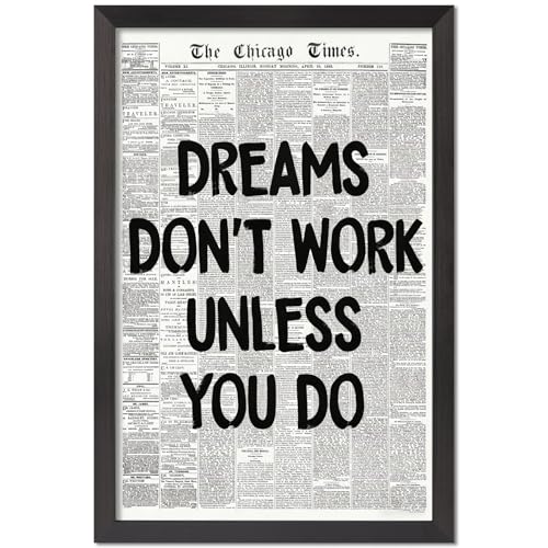 Trendy Newspaper Style Wall Art Canvas - Dreams Dont Work Unless You Do Inspirational Quote Poster Print Motivational Wall Decor for Bedroom Dorm Office 8X10 in