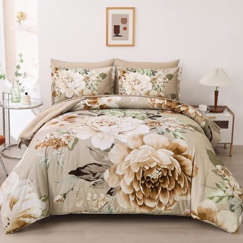 Dintszyayue Floral Bed in a Bag 7 Pieces Taupe Comforter Set Queen, Khaki Flower Green Leaves Bedding Sets Soft Bed Comforter Set for All Season with Flat Sheet, Fitted Sheets, Pillowcases & Shams