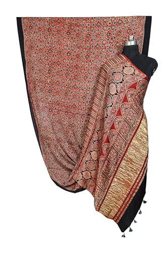 Image of Ethnics of Kutch Womens Ajrakh Modal Silk Natural Dye Golden Border Hand Block Print Saree with Blouse Piece - 5.5 Mtr Length (Red 05C01D)