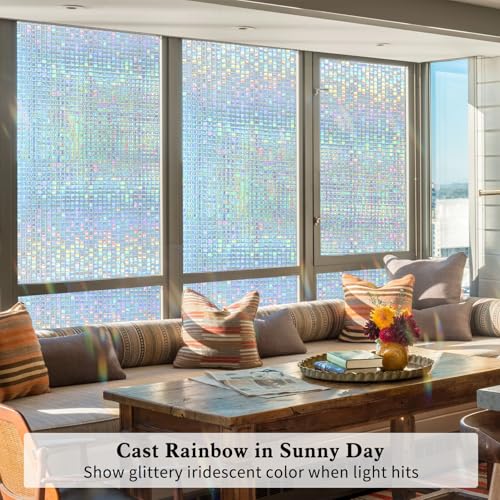 Privacy Window Film Stained Glass Non-Adhesive Rainbow Window Film Home Decorative Vinyl Static Cling Window Stickers Window Covering for Glass Door Bedroom Office 35.4 Inch x 13.1 Feet