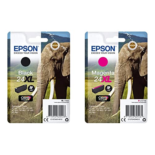 Epson 24XL Eléphant Noir, Cartouche d'encre d'origine XL Haute capacité, XP-55 XP-750 XP-760 XP-850 XP-860 XP-950 XP-960 XP-970 & 24XL Eléphant Magenta,...