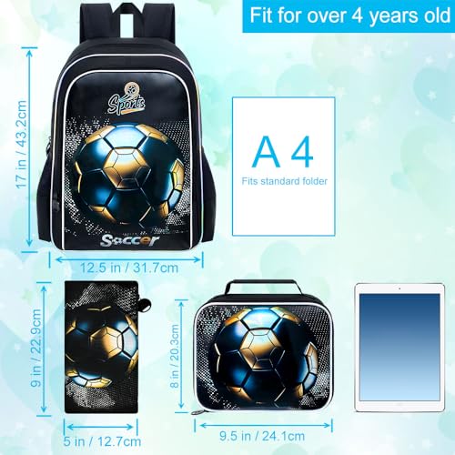Image of gxtvo 3PCS Soccer Bookbag for Boys, 17 inch Kids Football Backpack with Lunch Box, Water Resistant Middle Elementary Letter School Bag - Blackgold Football