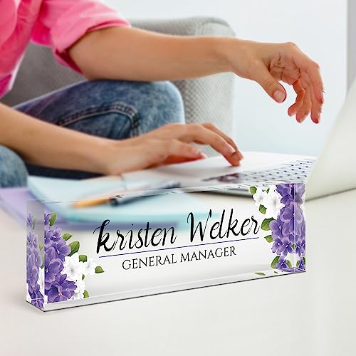 Image of Custom Name Plate for Desk, Desk Name Plate Personalized, Office Decor for Women, Acrylic Desktop Accessories, Office Appreciation Gifts for Boss Social Workers Nurse Teacher Employee(Purple Flowers)