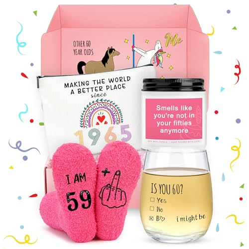 Pradnel 60th Birthday Gifts for Women Funny 60 Year Old Birthday Gifts for Women Turning 60 Gift for Woman Happy 60th Bday Decorations for Woman Mom Her - Wine Glass Makeup Bag Candle Socks