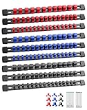 ALOANES 9PC ABS Socket Organizer, Socket Rails Fit 1/2 inch, 3/8 inch and 1/4 inch Drive, Heavy Duty Socket Holders Hold up to 129 Sockets, Black Rails with Red Blue Black Clips