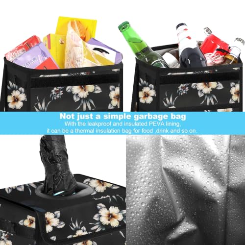 Image of Femuar Leak Proof Car Trash Can with Lid, Collapsible Hanging Waterproof Car Trash Bag with Mesh Pocket for SUV Front Seat Headrest, Large /Hibiscus Flower