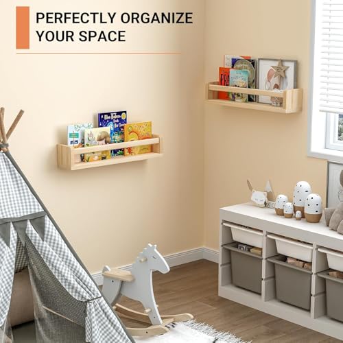 Image of Decazone Nursery Wall Shelves Set of 3, Solid Pine Wood Floating Bookshelves for Kids Room, Bathroom, Kitchen & Living Room - Multipurpose Wall Storage & Display Rack (Natural Finish)