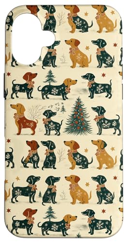 ヴィンテージ ダックスフンド クリスマス フェスティブ ソーセージ 犬 パターン スマホケース iPhone 16 Plus 用