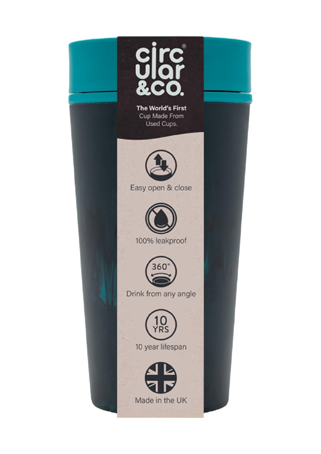 Circular and CoLeakproof Reusable Coffee Cup Made from Beach Waste 12oz/340ml - Our Leakproof Sustainable & Insulated Reusable Travel Mug (Black & Beach Waste)