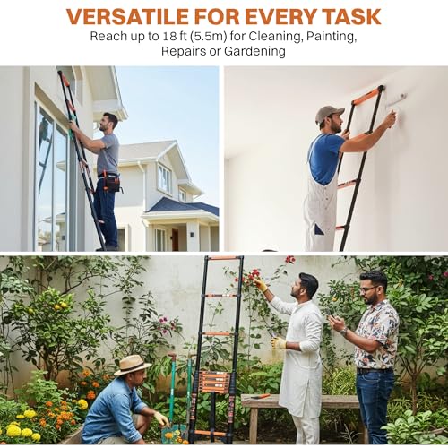 Image of BonKaso Telescopic Ladder 5.5m (18 Ft), 14 Steps | Heavy-Duty Foldable Alloy Steel Ladder with Anti-Slip Steps, 150kg Load Capacity, Rustproof, EN131 Certified | Matt Black & Orange