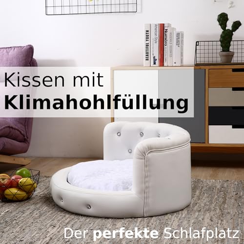 DaMi Luxus Hundebett I Premium Hundeschlafplatz mit großen Strasssteinen, Hundekissen Hundematratze Dogbed waschbar, Hundezubehör Hunde Dog Bed Bett Matratze Körbchen, 35x73x63 cm Oval Weiß