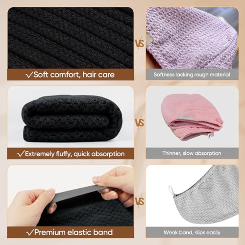 HOMEXCEL 5 Pack Large Microfiber Hair Towel Wrap for Women, Black- 40 x 20 inches Super Soft, Fast Drying Turbans for Long, Thick, Curly Hair - Anti Frizz Wrap with Elastic Strap - Image 5