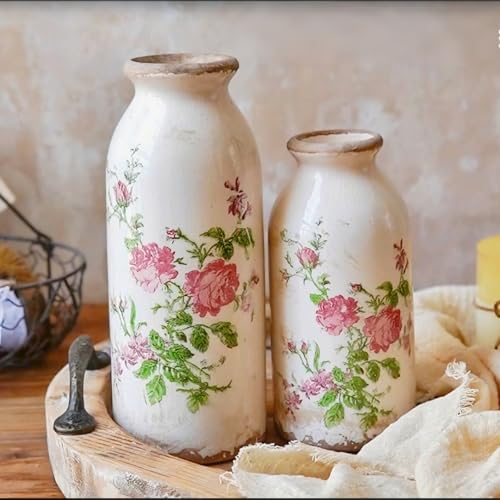 Vintage Rose-Flower Small Ceramic Vase Set, Retro Rustic Cute Flo...