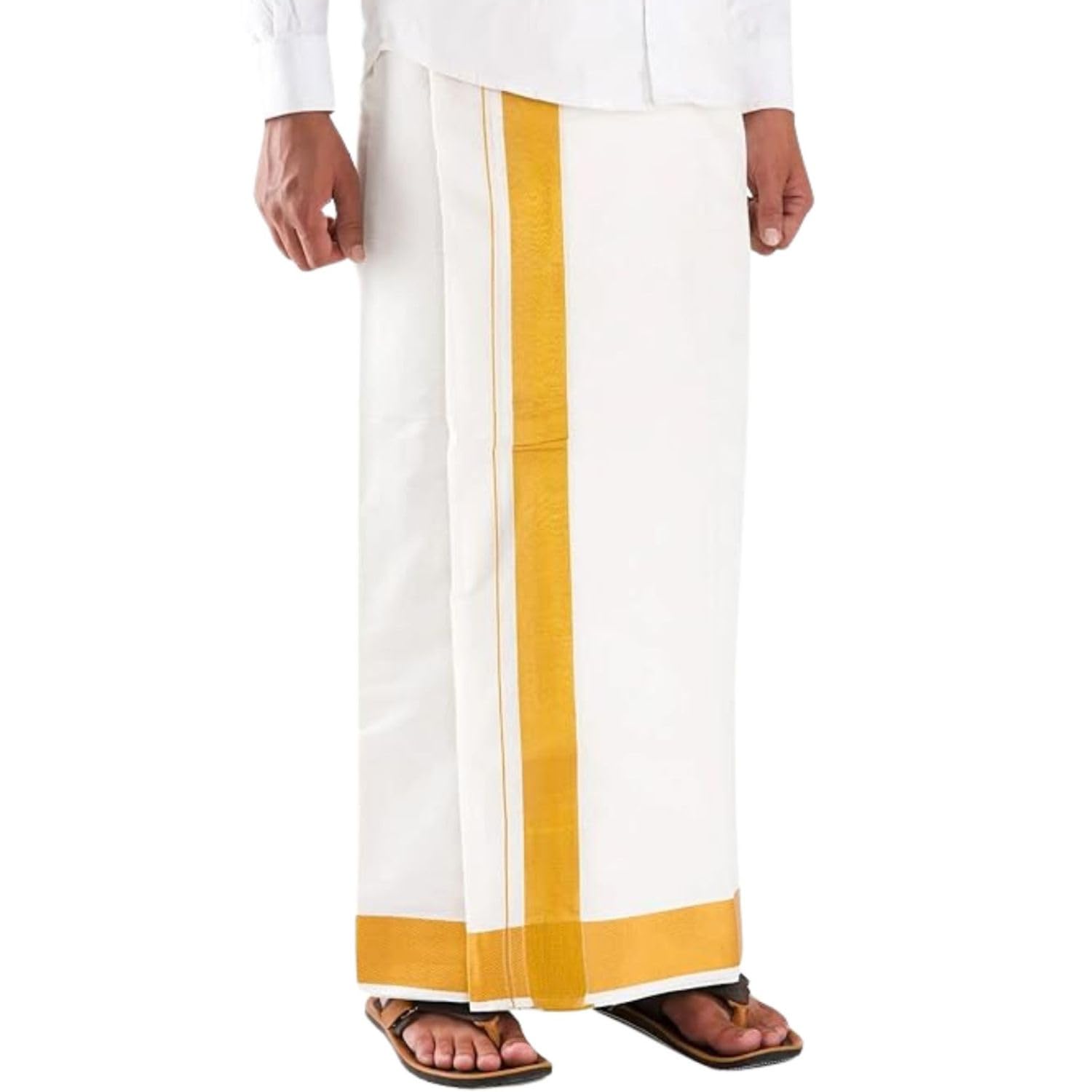 Cotton 8 Molam Zari Dhoti for Men | Pure White Traditional South Indian Dhoti with Golden Zari Border | Wedding, Temple & Festival Wear | 60K Cotton Dhothi-image-11