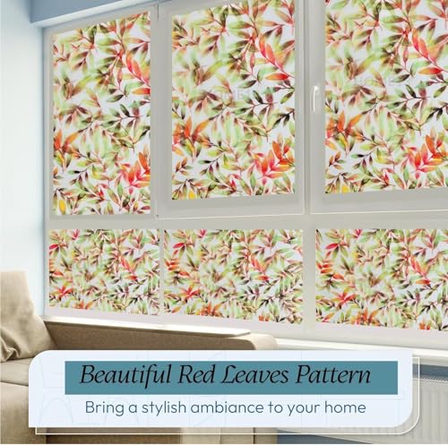 Image of HOME13 Window Privacy Film Frosted Glass Film Decorative Window Sticker Removable Window Film Home Office Privacy Film Window Coverings (Rowan Leafs, 2 Feet by 15 Feet)