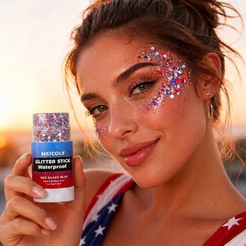 MEICOLY 4th of July Glitter Stick,Red White Blue Face Hair Glitter Stick with Star,Fourth of July Patriotic Accessories Outfits for Women,Soccer Softball Body Glitter Rave Makeup