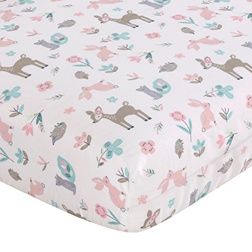 Image of Levtex Baby - Crib Fitted Sheet - Fits Standard Crib and Toddler Mattress - Tossed Deer, Squirrel, Owl and Hedgehog - Aqua Blush Grey Teal - Nursery Accessories - 100% Cotton