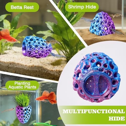 Image of Shrimp Dome Hide, Shrimp Hides for Aquarium, Betta Fish Hideout with Suction Cup, Betta Habitat Tank Ornament Accessories, Aquarium Decor for Small Fish Guppy Hiding Resting (Lid Blue Red)