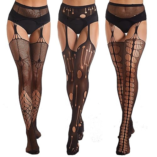 Yilanmy 3 Paar Halloween Strapstrumpfhosen Schwarz Damen Muster Netzstrumpfhose Hohe Taille Fischnetz Strümpfe Spinnennetz Totenkopf Netzstrümpfe...