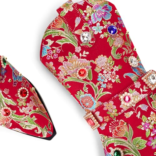 Image of LOCERICH Women Rhinestone Cowboy Sparkly Cowgirl Boots Diamond Western Floral Embroidery Mid Calf Booties