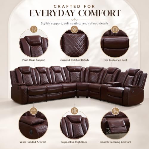 Image of Power Reclining Sectional Sofa for Living Room,Modern L-Shaped Air Leather Sectional Couch Set,Recliner Sofa Set,with LED Lights,Cup Holder,Storage,Charging Ports,Home (Red, Sectional)