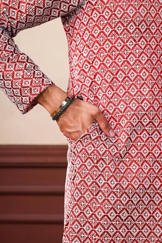 Image of LookMark Men's Printed Silk Blend Kurta with Mandarin Collar, Full Sleeves, Straight Fit Traditional Ethnic Wear