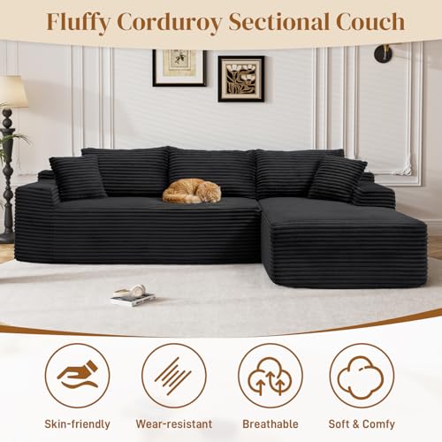 Image of 95 inch L Shaped Boneless Sectional Couches, Wide Armrest, Deep Seat, Memory Foam, Assembly Free, Modern Comfy Corduroy Fluffy Cloud Sofa with Right Chaise for Living Room, Small Spaces, Black