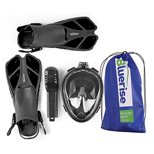 BLUERISE Snorkel Set Antifog Adult Full Face Diving Mask with Adjustable Swim Fins Anti-Leak Snorkeling Scuba Gear Snorkel Mask for Kids Diving Fins - Thumbnail 7