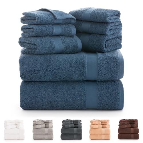 Todocama - Juego de 8 Toallas de Baño 100% Algodón (550 gsm) Extra Suaves, Alta Absorción y Secado Rápido, 2 Toallas de Baño, 2 de Mano y 4 de Cara (Azul Marino)